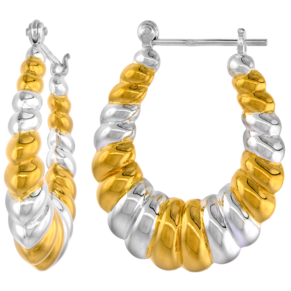 Sterling Silver Snap-down-post Shrimp Hoop Earrings, w/ 2-Tone Gold Plate Accent, 1 1/4" (31 mm) tall