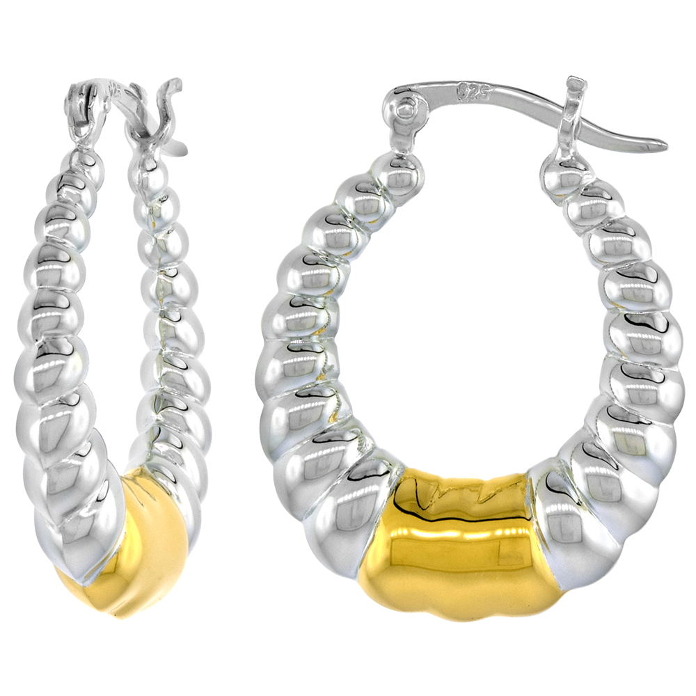 Sterling Silver Snap-down-post Shrimp Hoop Earrings, w/ 2-Tone Gold Plate Accent, 1 1/8" (28 mm) tall