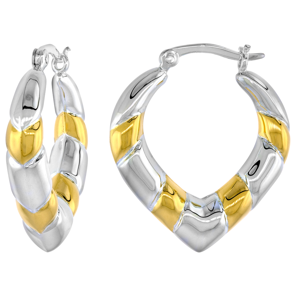 Sterling Silver Snap-down-post Hoop Earrings, w/ 2-Tone Gold Plate Accent, 1" (25 mm) tall