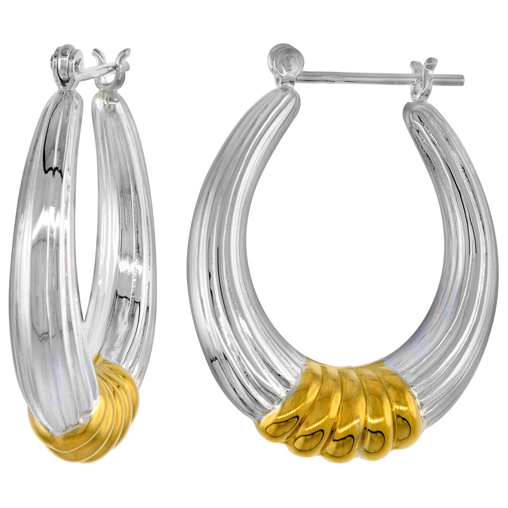 Sterling Silver Snap-down-post Hoop Earrings, w/ 2-Tone Gold Plate Accent, 1 3/16" (30 mm) tall