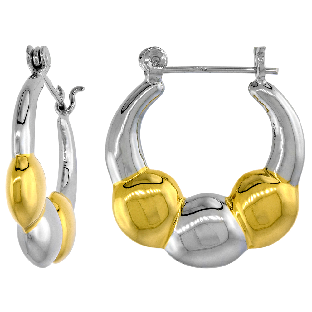 Sterling Silver Snap-down-post Hoop Earrings, w/ 2-Tone Gold Plate Accent, 1 1/8" (28 mm) tall