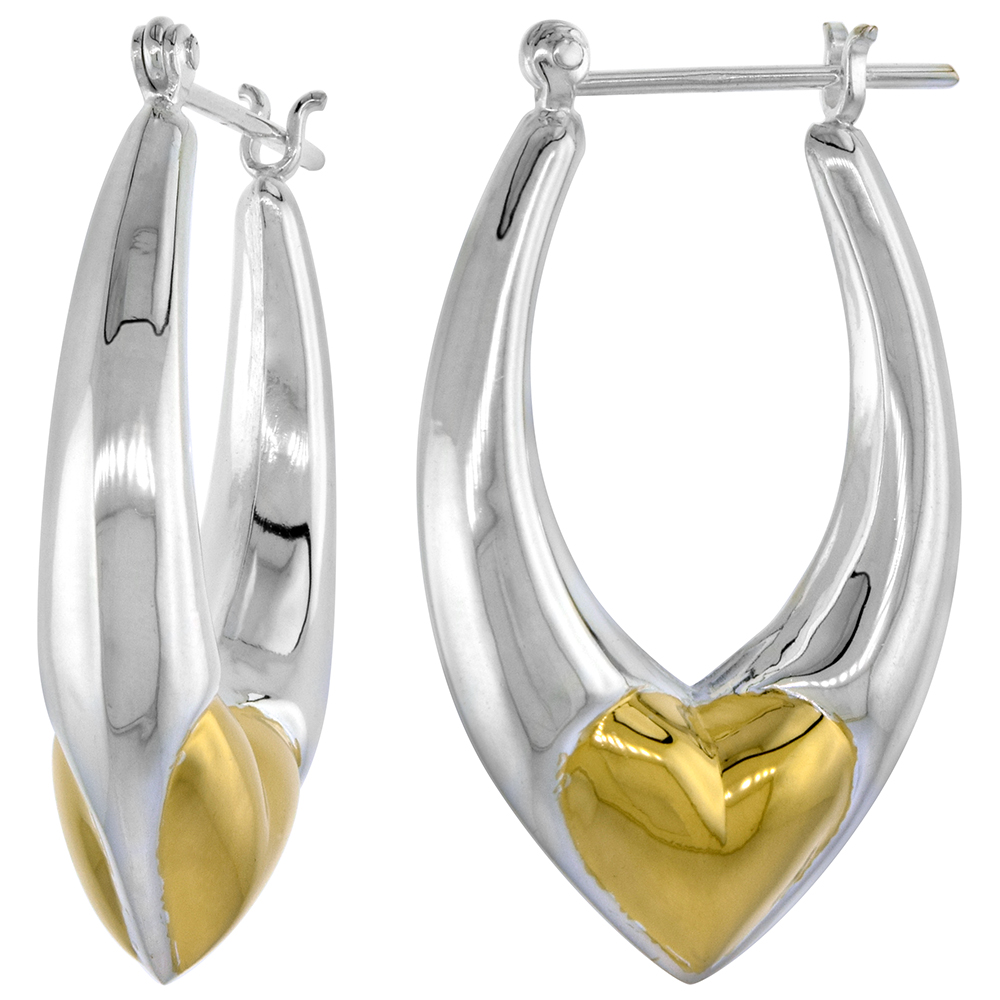 Sterling Silver Snap-down-post Hoop Heart Earrings, w/ Gold Plated Heart Accent, 1 7/16" (36 mm) tall