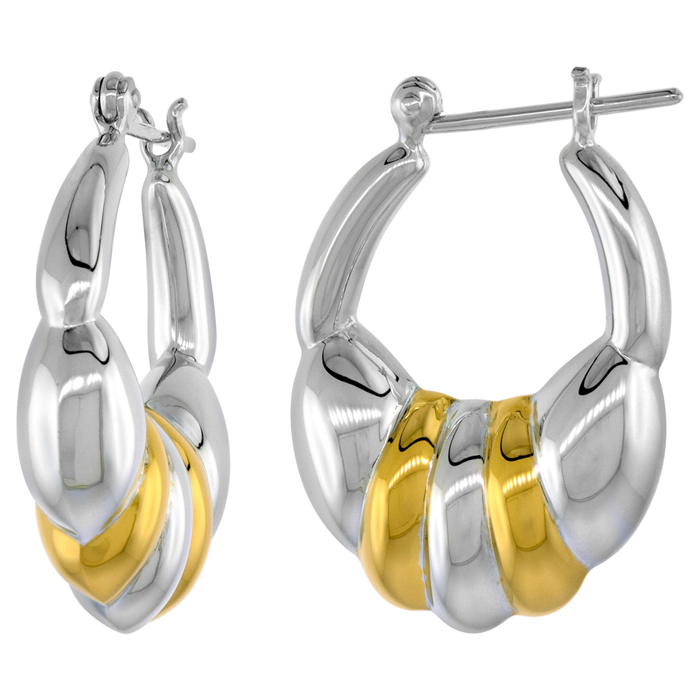 Sterling Silver Snap-down-post Hoop Earrings, w/ 2-Tone Gold Plate Accent, 1 3/16" (30 mm) tall
