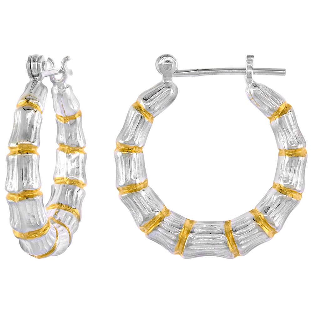 Sterling Silver Snap-down-post Bamboo Hoop Earrings, w/ 2-Tone Gold Plate Accent, 1" (26 mm) tall