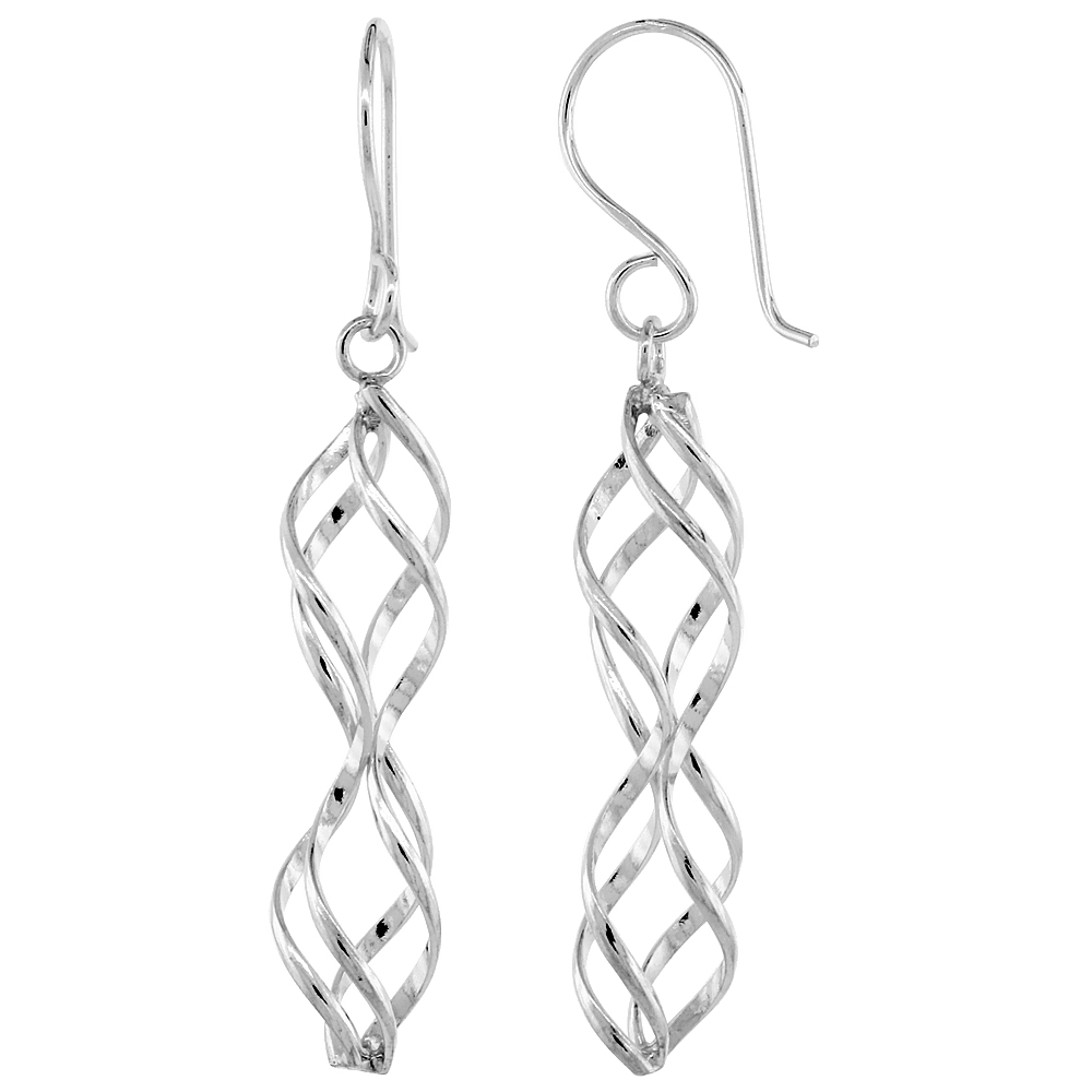 Sterling Silver Hourglass Shape Dangle Spiral Earrings, 1 3/4 (45 mm) tall