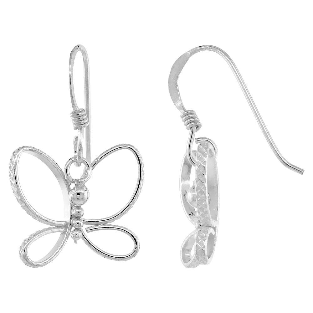 Sterling Silver Butterfly Cut Out w/ Diamond Cut Dangle Earrings, 15/16 (24 mm) tall
