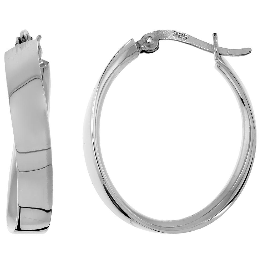 Sterling Silver Wavy Flat Tube Hoop Earrings Oval Shape, 1 1/16 x 7/8 inch 