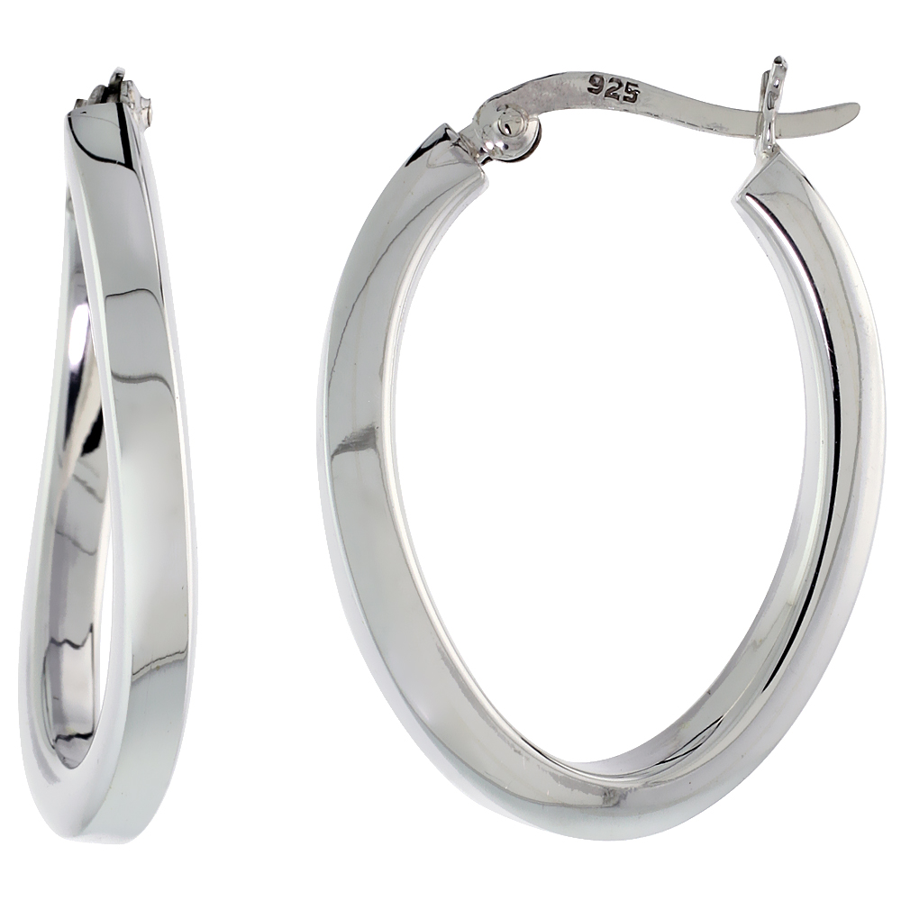 Sterling Silver Wavy Square Tube Hoop Earrings Oval Shape, 1 1/8 x 7/8 inch