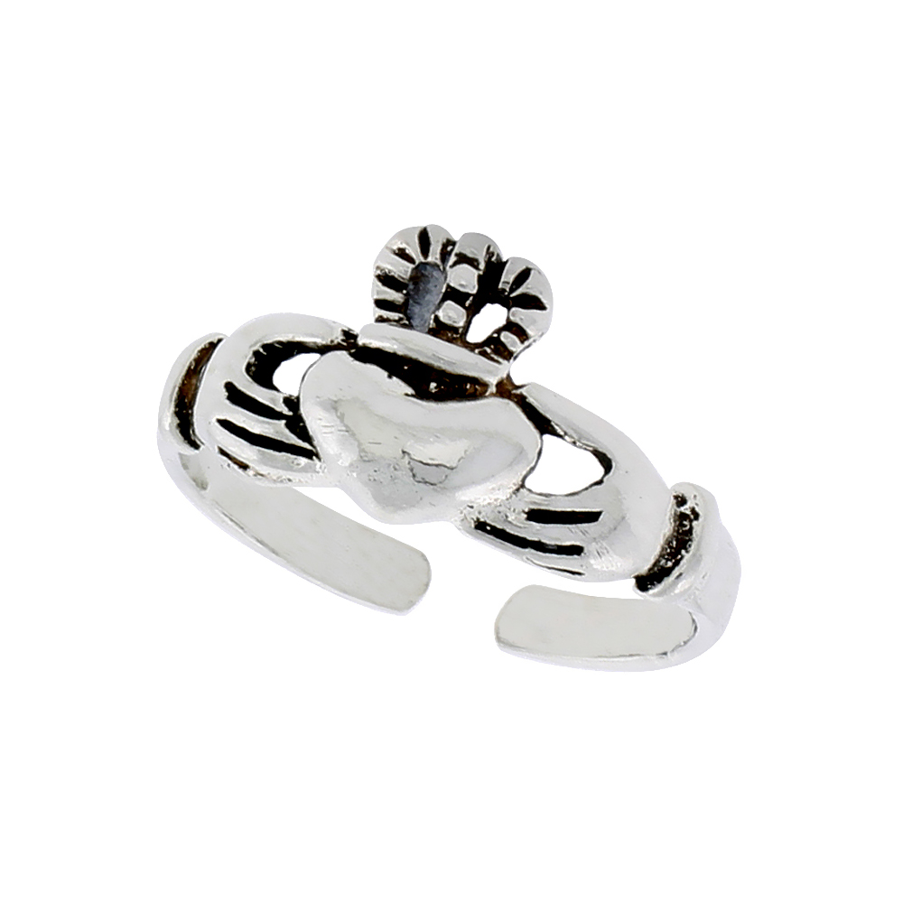 Sterling Silver "Irish Friendship Symbol" Oxidized Claddagh Adjustable (Size 3.5 to 6.5) Toe Ring / Kid's Ring, 5/16 in. (8 mm) 