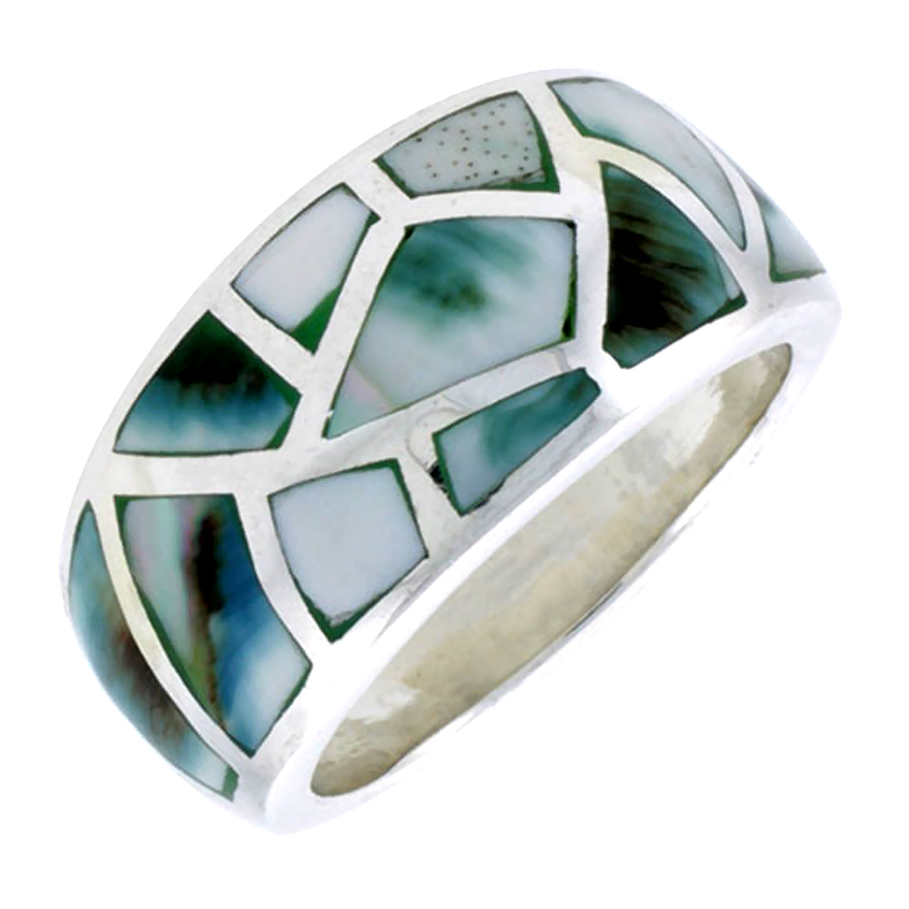 Sterling Silver Dome Band, w/Blue-Green Mother of Pearl Inlay, 9/16" (14 mm) wide