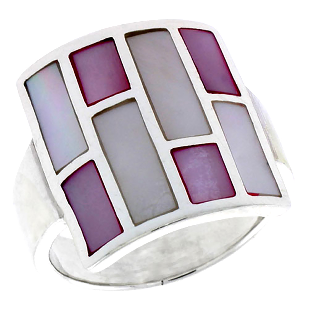 Sterling Silver Square-shaped Shell Ring, w/Pink & White Mother of Pearl Inlay, 7/8" (22 mm) wide