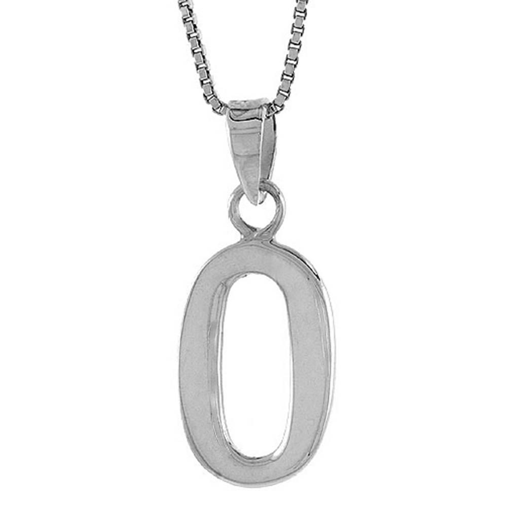 Sterling Silver Number 0 Necklace for Jersey Numbers & Recovery High Polish 3/4 inch, 2mm Curb Chain