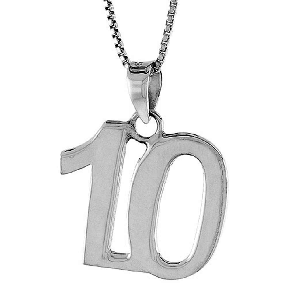 Sterling Silver Number 10 Necklace for Jersey Numbers & Recovery High Polish 3/4 inch, 2mm Curb Chain
