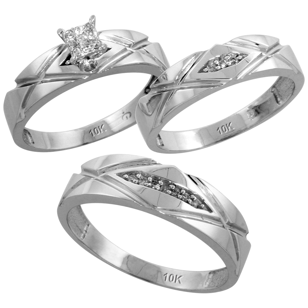 10k White Gold Trio Engagement Wedding Ring Set for Him and Her 3-piece 6 mm & 5 mm wide 0.12 cttw Brilliant Cut, ladies sizes 5 � 10, mens sizes 8 - 14
