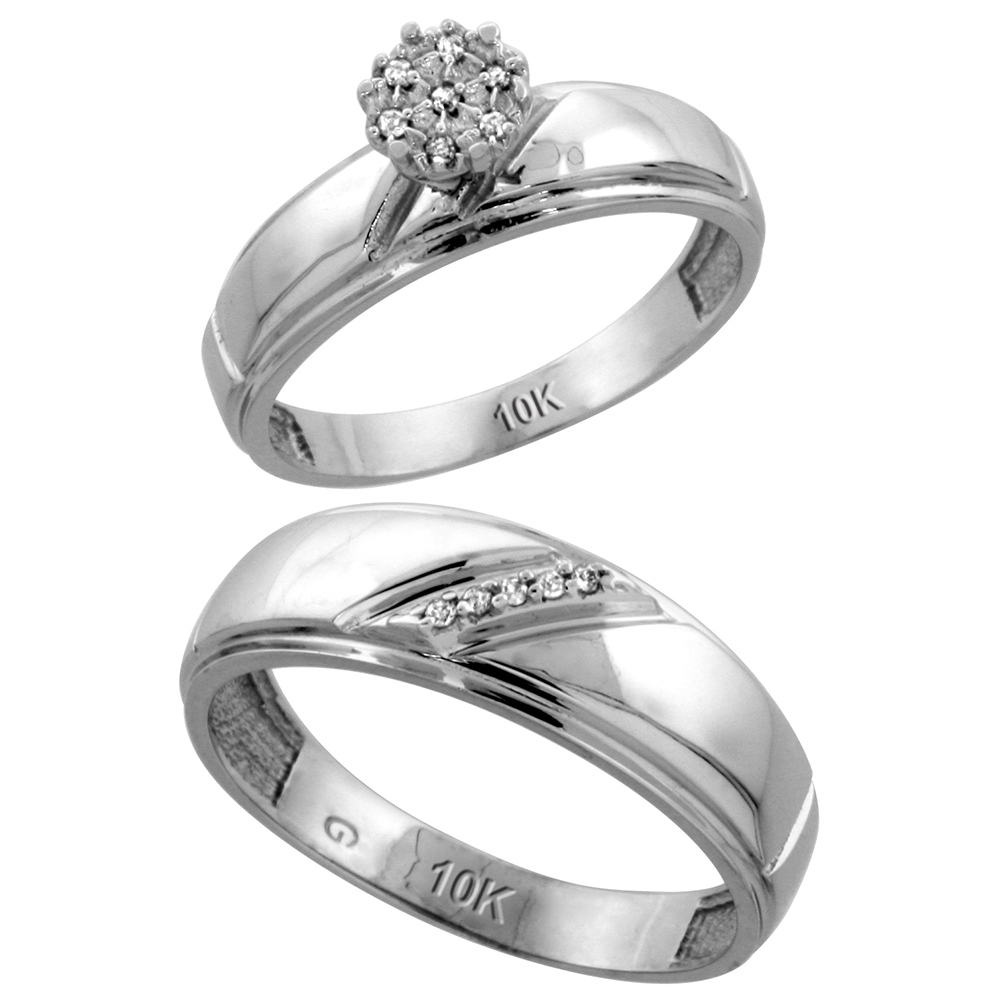 10k White Gold Diamond Engagement Rings Set for Men and Women 2-Piece 0.07 cttw Brilliant Cut, 5.5mm & 7mm wide