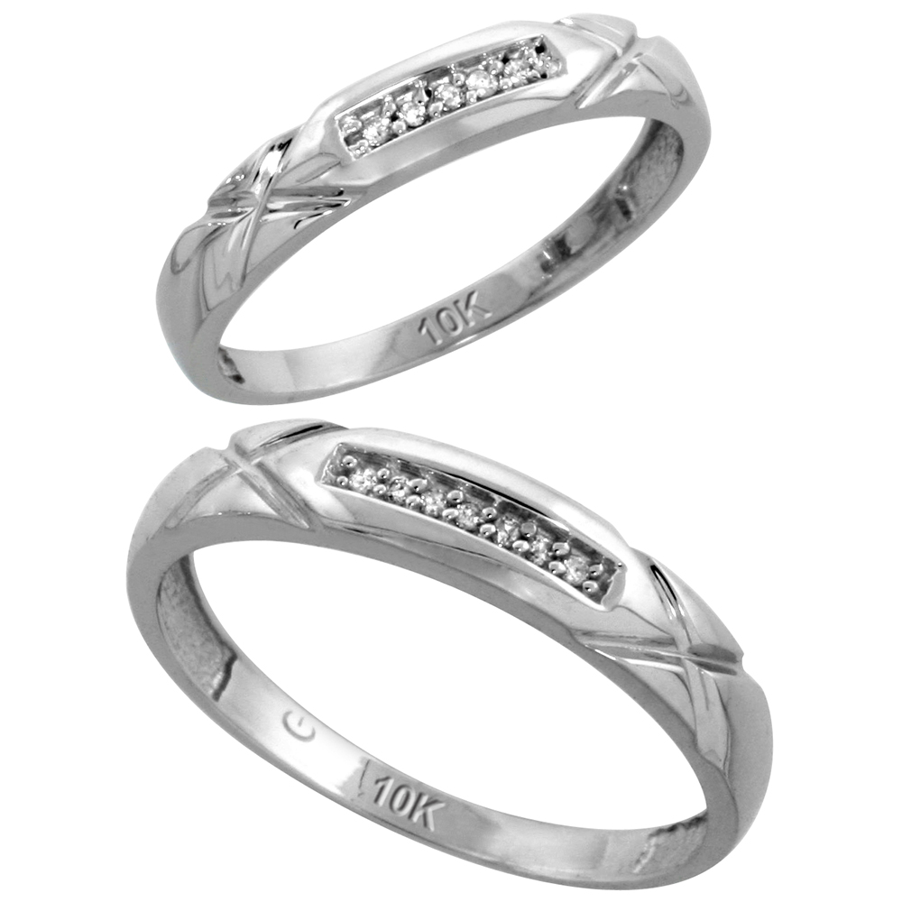 Sterling Silver 2-Piece His (4mm) & Hers (3.5mm) Diamond Wedding Band Set, w/ 0.07 Carat Brilliant Cut Diamonds; (Ladies Size 5 to10; Men's Size 8 to 14)