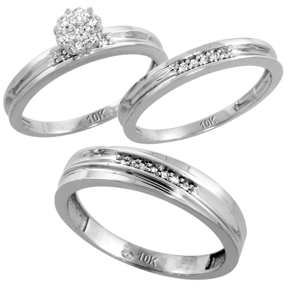 10k White Gold Diamond Trio Engagement Wedding Ring Set for Him and Her 3-piece 5 mm & 3 mm wide 0.11 cttw Brilliant Cut, ladies sizes 5 � 10, mens sizes 8 - 14