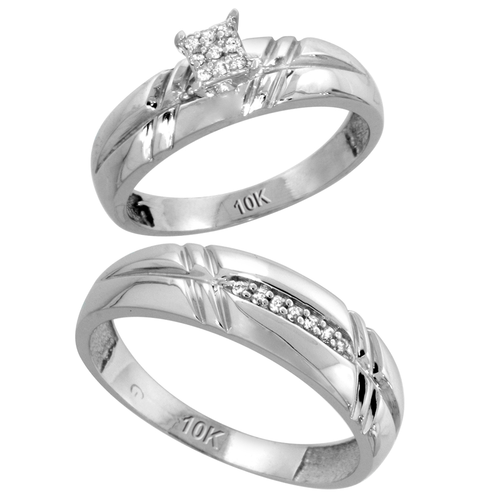10k White Gold Diamond Engagement Rings Set for Men and Women 2-Piece 0.10 cttw Brilliant Cut, 5.5mm & 6mm wide