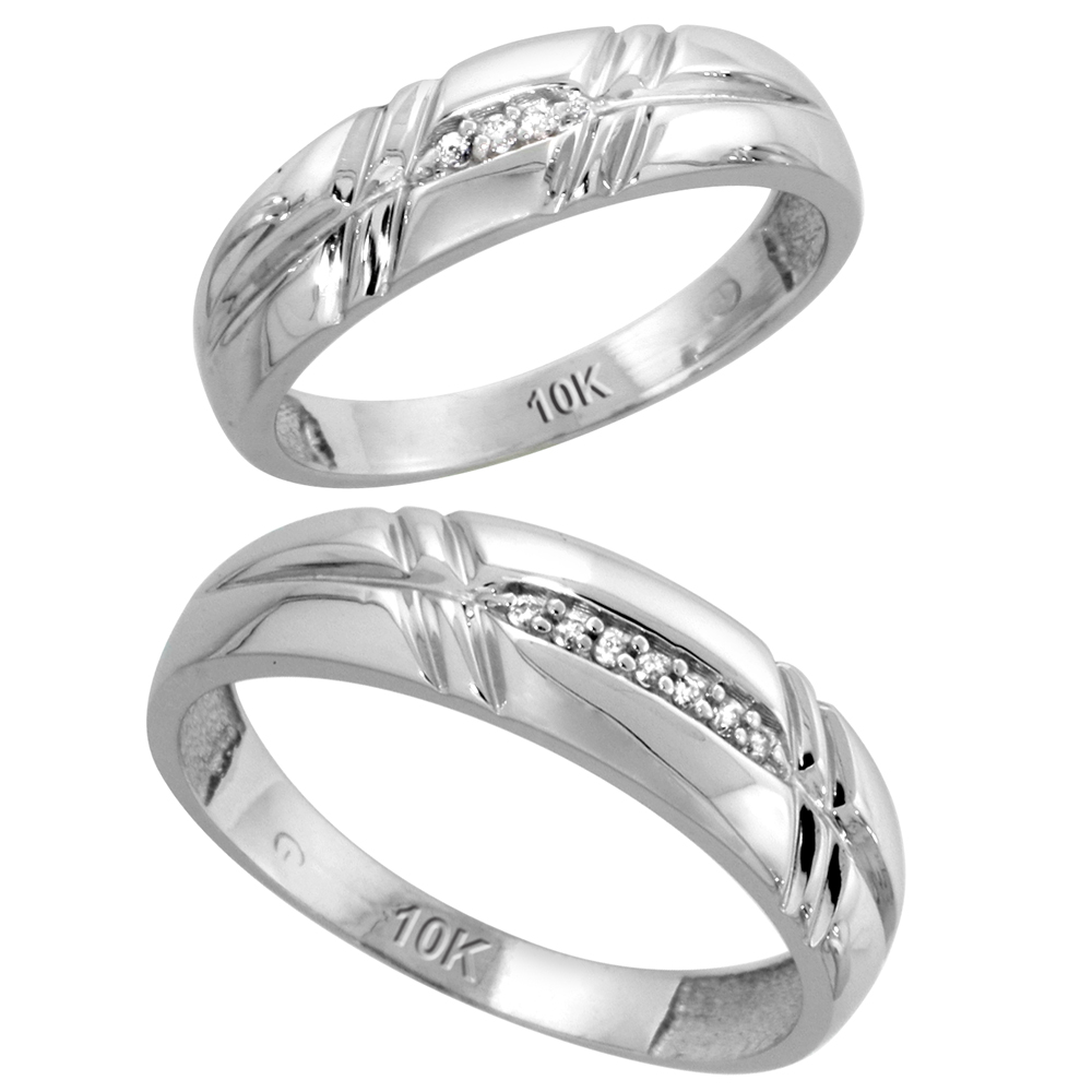 Sterling Silver 2-Piece His (6mm) & Hers (5.5mm) Diamond Wedding Band Set, w/ 0.06 Carat Brilliant Cut Diamonds; (Ladies Size 5 to10; Men's Size 8 to 14)