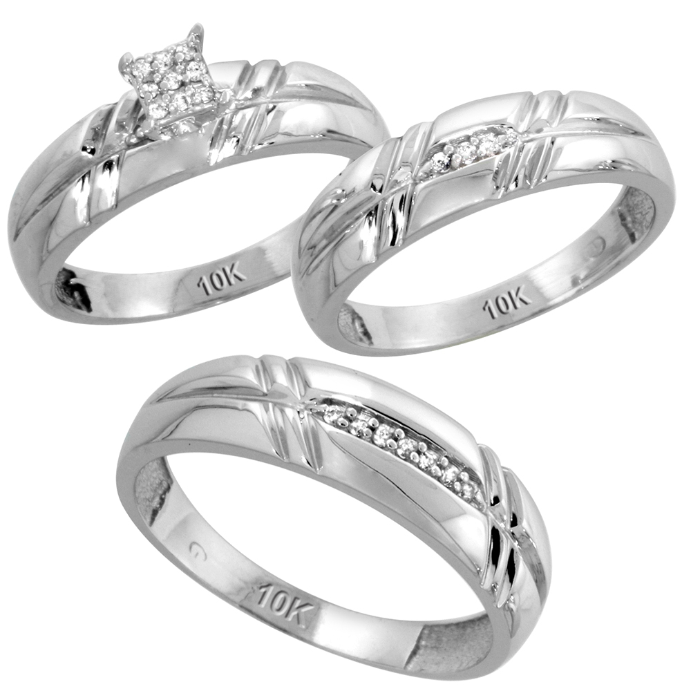 10k White Gold Diamond Trio Engagement Wedding Ring Set for Him and Her 3-piece 6 mm & 5.5 mm wide 0.12 cttw Brilliant Cut, ladies sizes 5 � 10, mens sizes 8 - 14