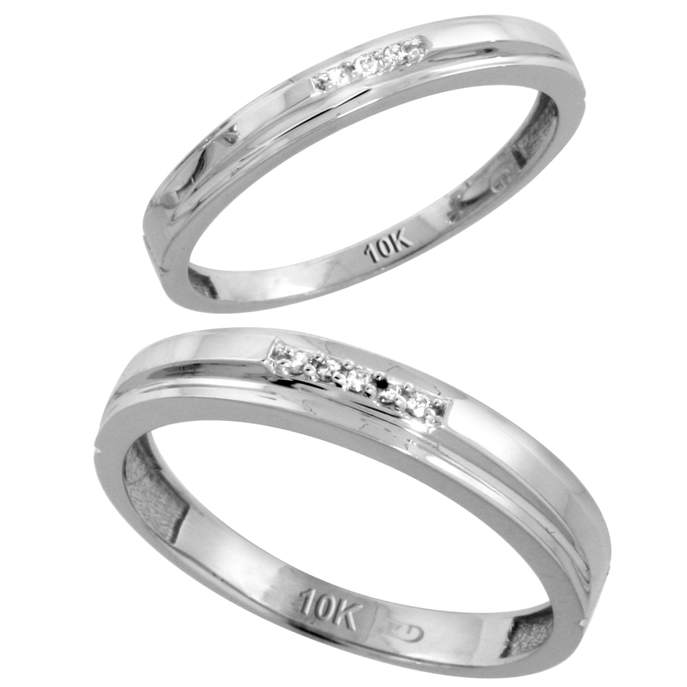 Sterling Silver 2-Piece His (4mm) & Hers (3mm) Diamond Wedding Band Set, w/ 0.05 Carat Brilliant Cut Diamonds; (Ladies Size 5 to10; Men's Size 8 to 14)