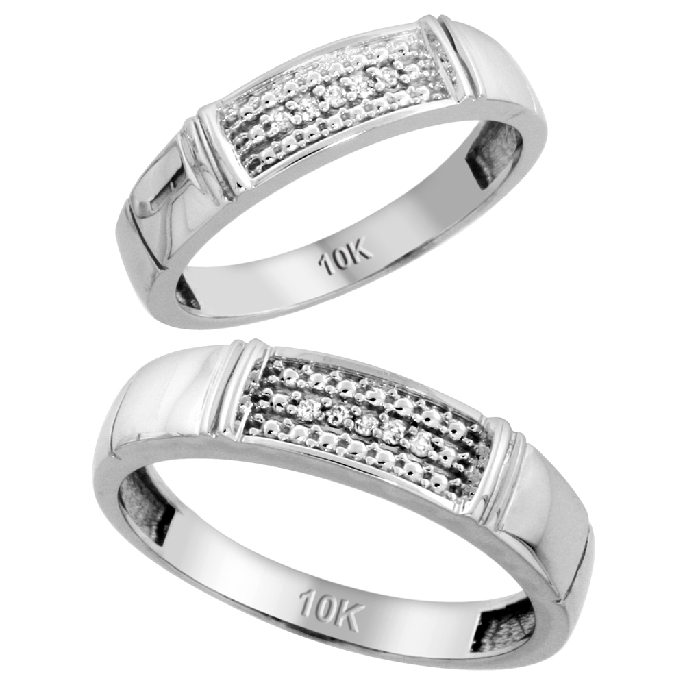Sterling Silver 2-Piece His (5mm) & Hers (4.5mm) Diamond Wedding Band Set, w/ 0.06 Carat Brilliant Cut Diamonds; (Ladies Size 5 to10; Men's Size 8 to 14)