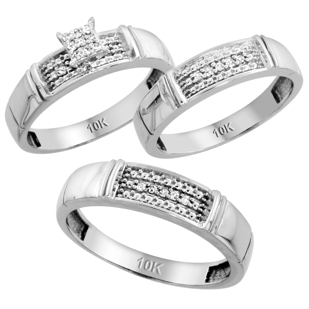 10k White Gold Diamond Trio Engagement Wedding Ring Set for Him and Her 3-piece 5 mm & 4.5 mm, 0.13 cttw Brilliant Cut, ladies sizes 5 � 10, mens sizes 8 - 14