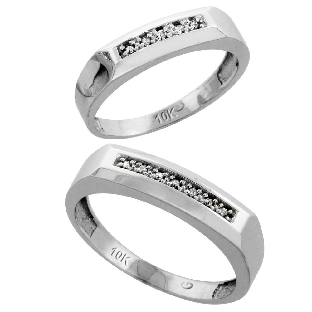 Sterling Silver 2-Piece His (5mm) & Hers (4.5mm) Diamond Wedding Band Set, w/ 0.07 Carat Brilliant Cut Diamonds; (Ladies Size 5 to10; Men's Size 8 to 14)