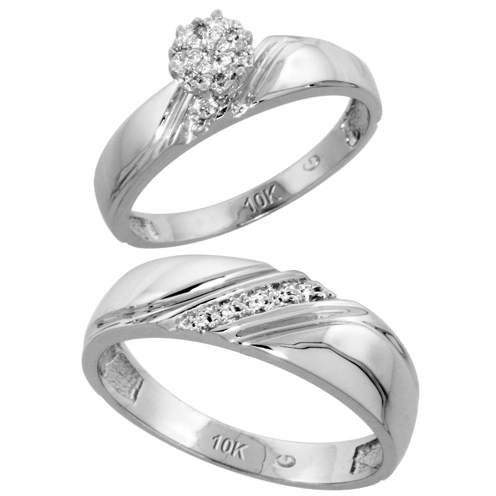 10k White Gold Diamond Engagement Rings Set for Men and Women 2-Piece 0.08 cttw Brilliant Cut, 4.5mm & 6mm wide