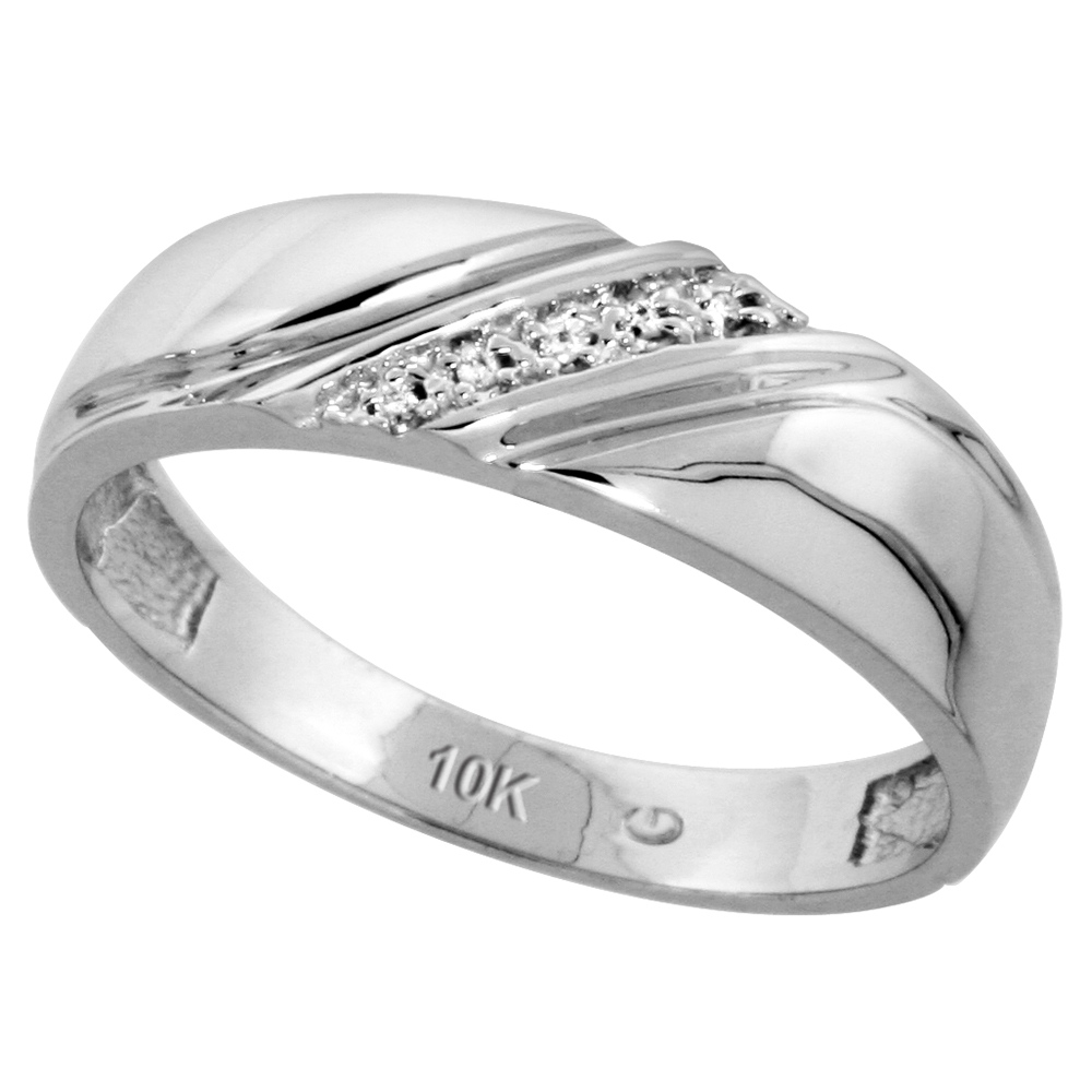 10k White Gold Mens Diamond Wedding Band Ring 0.03 cttw Brilliant Cut, 1/4 inch 6mm wide