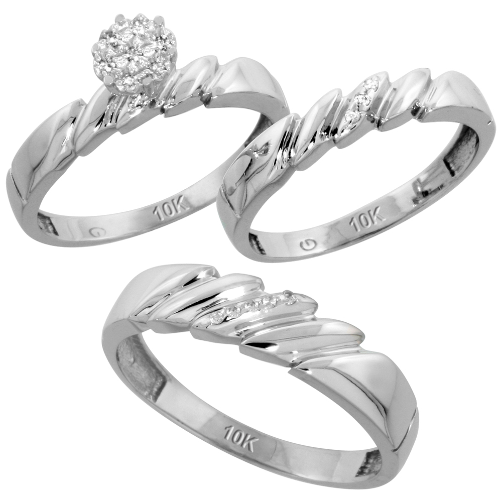10k White Gold Diamond Trio Engagement Wedding Ring Set for Him and Her 3-piece 5 mm & 4 mm wide 0.10 cttw Brilliant Cut, ladies sizes 5 � 10, mens sizes 8 - 14