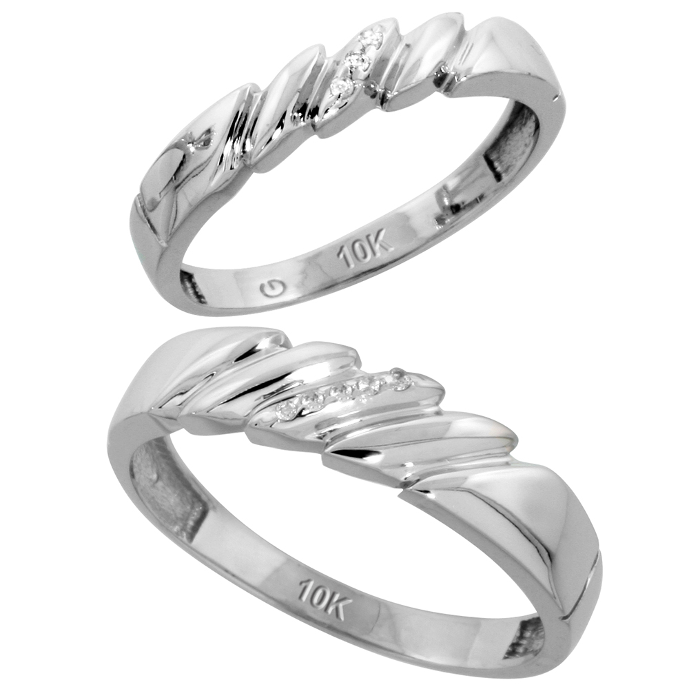 10k White Gold Diamond 2 Piece Wedding Ring Set His 5mm & Hers 4mm, Men's Size 8 to 14