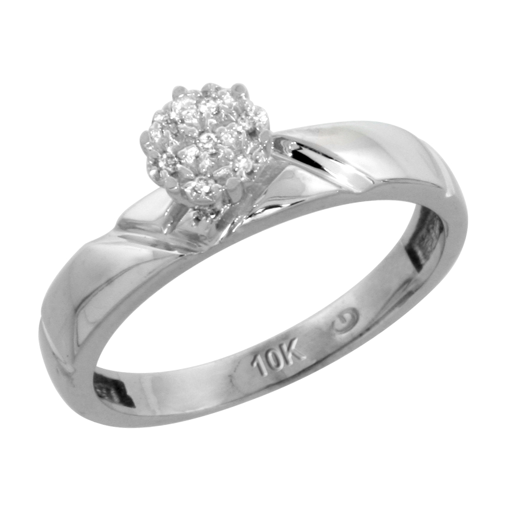 10k White Gold Diamond Engagement Ring 0.05 cttw Brilliant Cut, 5/32 inch 4mm wide