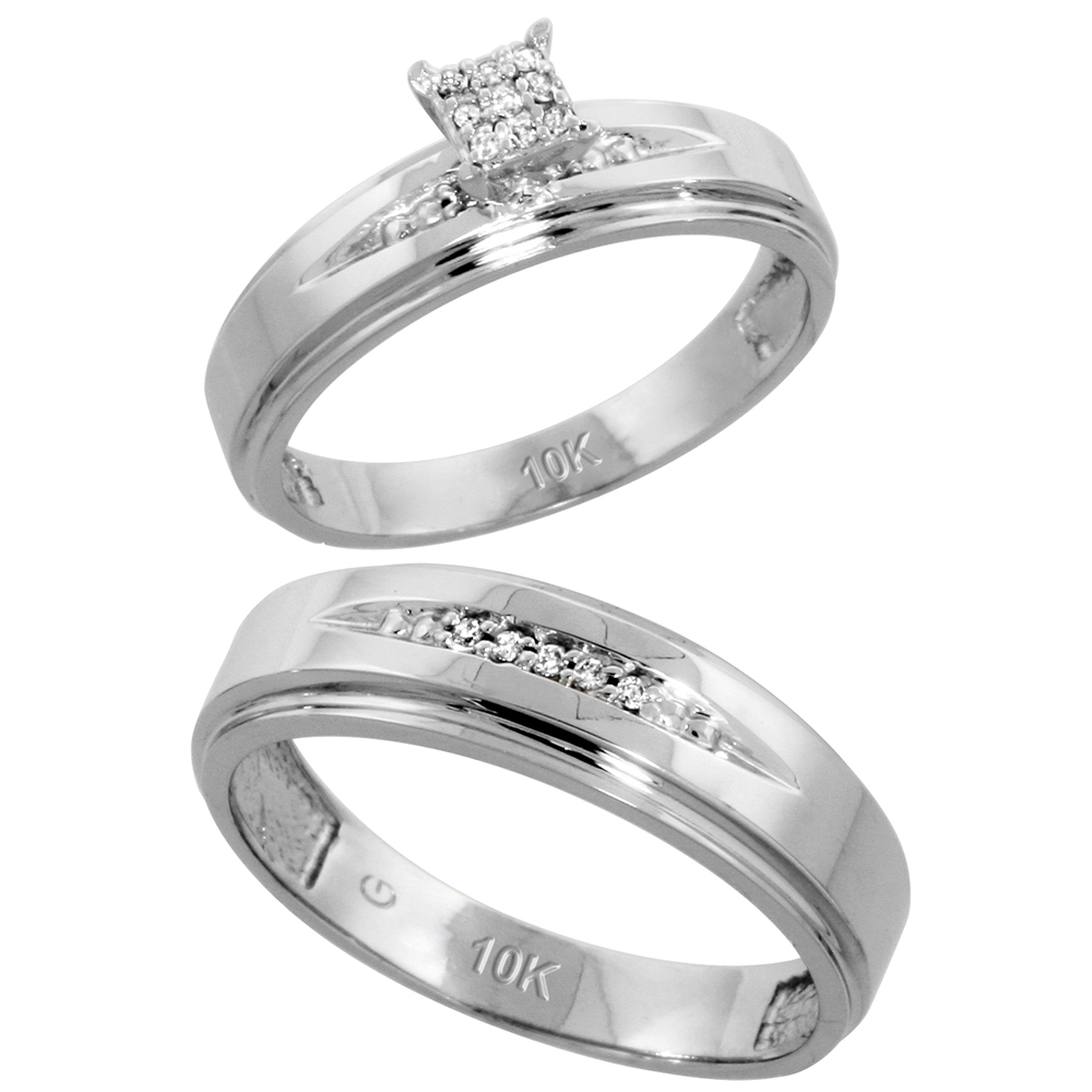 10k White Gold Diamond Engagement Rings Set for Men and Women 2-Piece 0.09 cttw Brilliant Cut, 5mm & 6mm wide