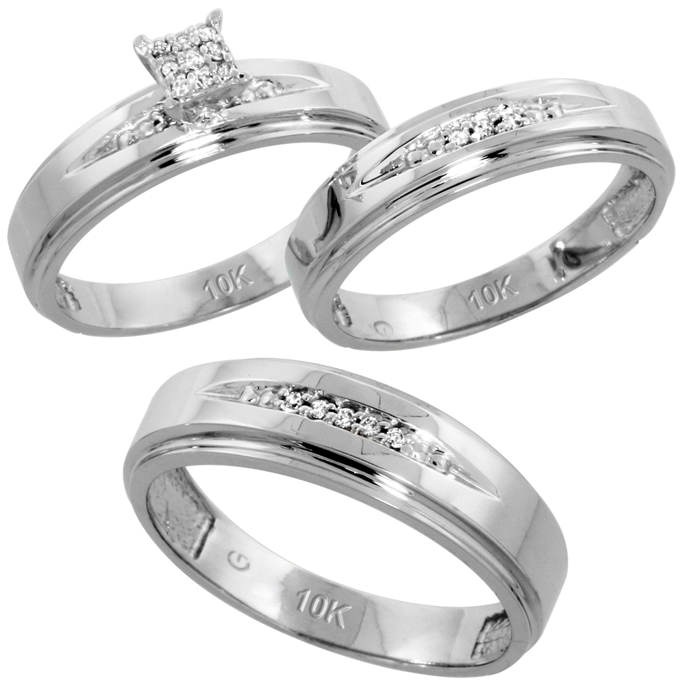 10k White Gold Diamond Trio Engagement Wedding Ring Set for Him and Her 3-piece 6 mm & 5 mm wide 0.11 cttw Brilliant Cut, ladies sizes 5 � 10, mens sizes 8 - 14