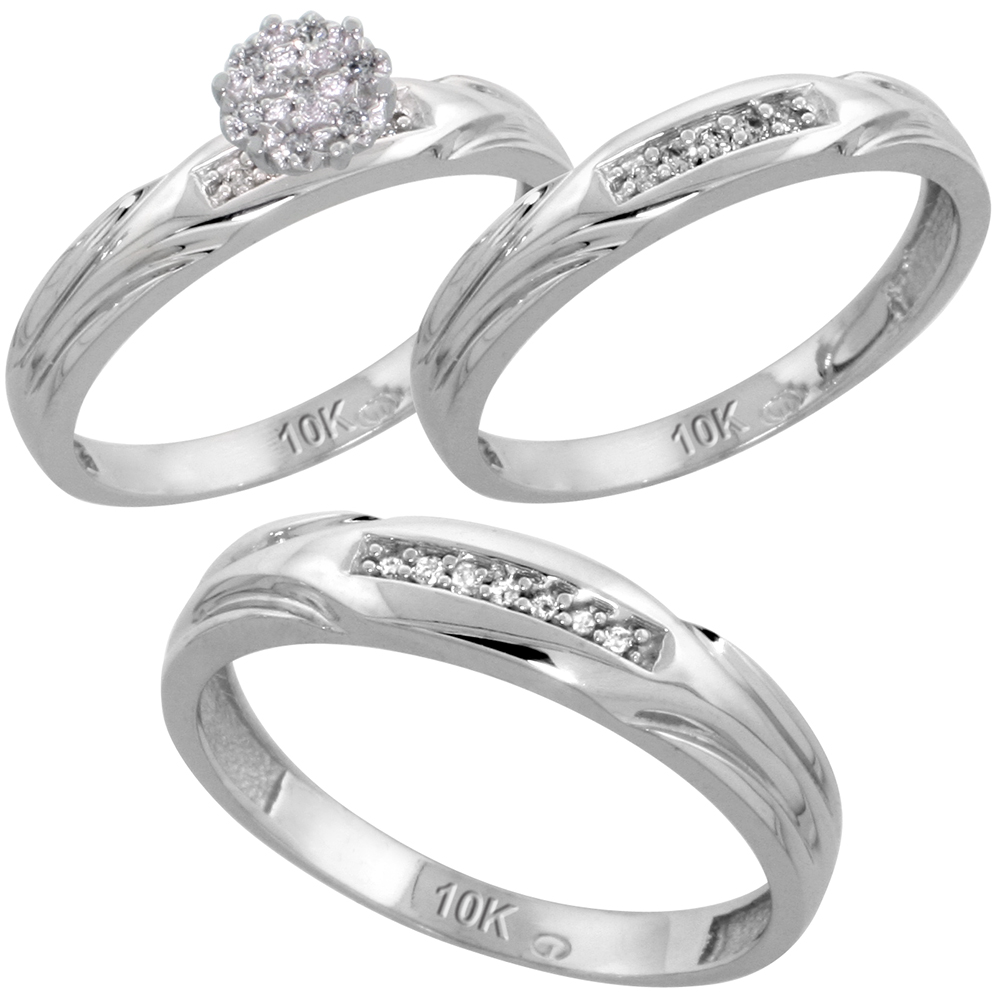 10k White Gold Diamond Trio Engagement Wedding Ring Set for Him and Her 3-piece 4.5 mm & 3.5 mm wide 0.13 cttw Brilliant Cut, ladies sizes 5 � 10, mens sizes 8 - 14