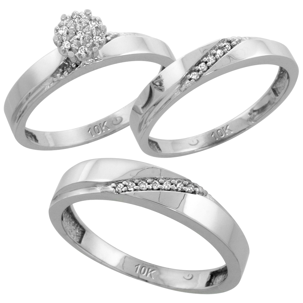 10k White Gold Diamond Trio Engagement Wedding Ring Set for Him and Her 3-piece 4.5 mm & 3.5 mm wide 0.13 cttw Brilliant Cut, ladies sizes 5 � 10, mens sizes 8 - 14