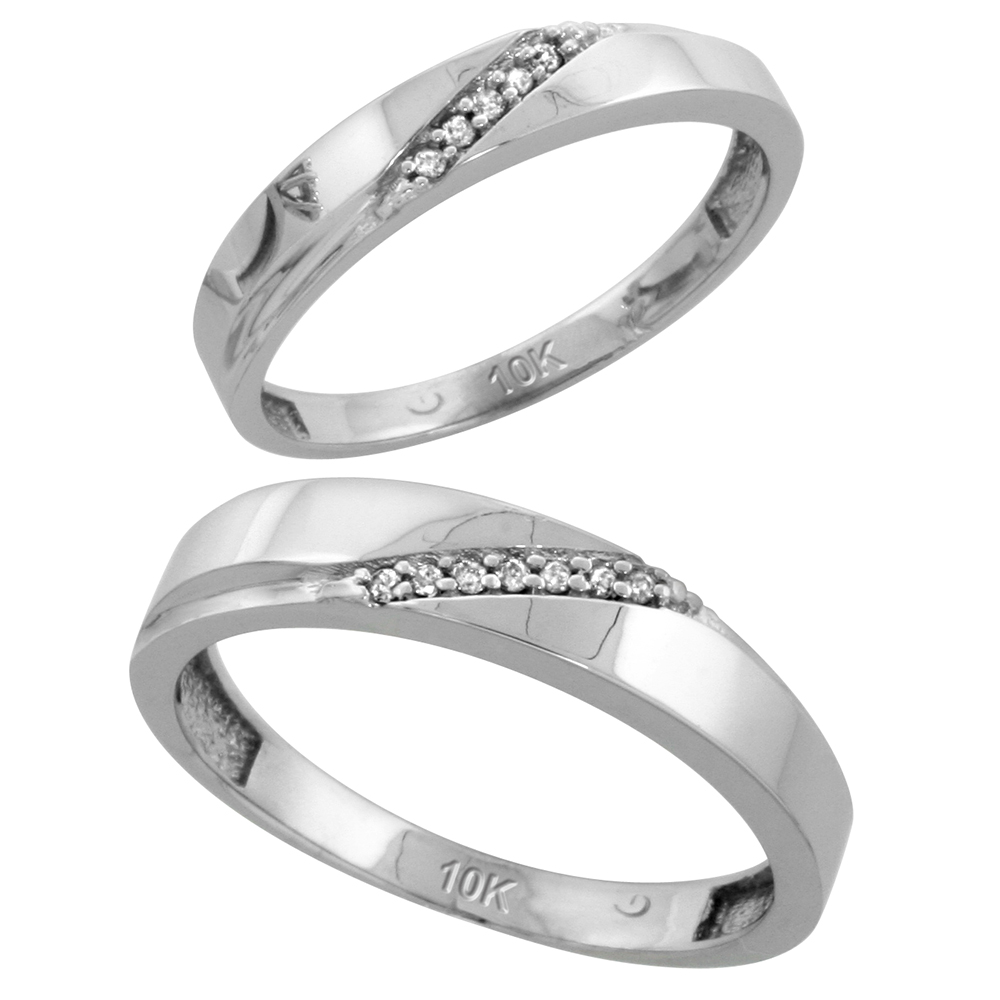 10k White Gold Diamond 2 Piece Wedding Ring Set His 4.5mm & Hers 3.5mm, Men's Size 8 to 14