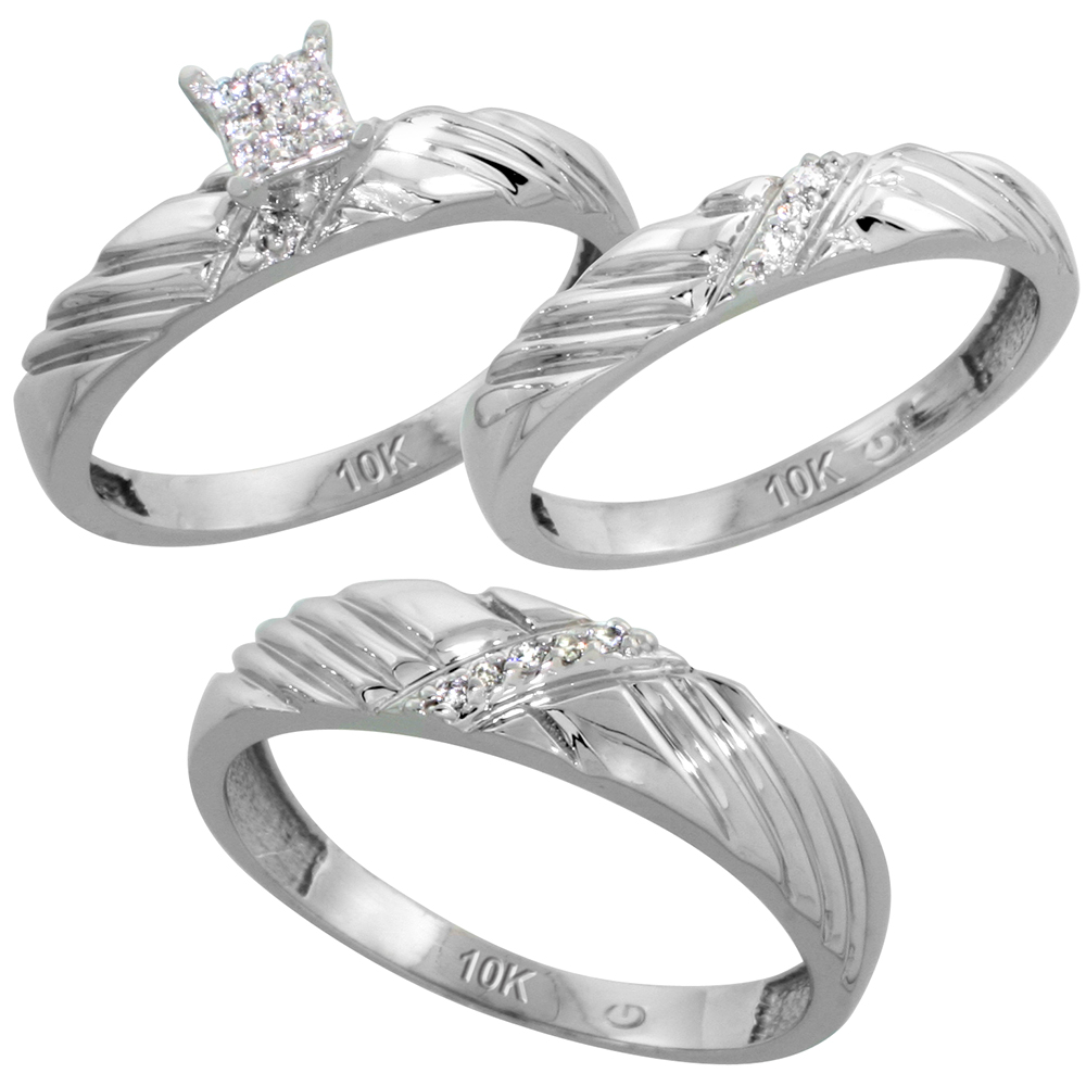 10k White Gold Diamond Trio Engagement Wedding Ring Set for Him and Her 3-piece 5 mm & 3.5 mm wide 0.11 cttw Brilliant Cut, ladies sizes 5 � 10, mens sizes 8 - 14
