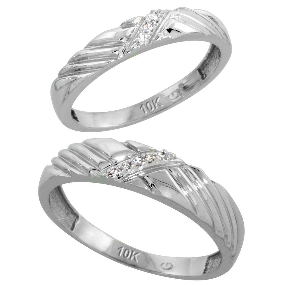 10k White Gold Diamond 2 Piece Wedding Ring Set His 5mm & Hers 3.5mm, Men's Size 8 to 14