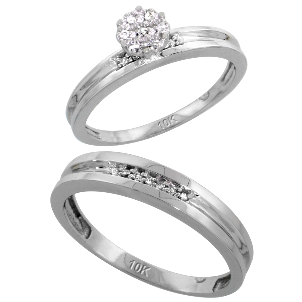 10k White Gold Diamond Engagement Rings Set for Men and Women 2-Piece 0.10 cttw Brilliant Cut, 4 mm & 3.5 mm wide