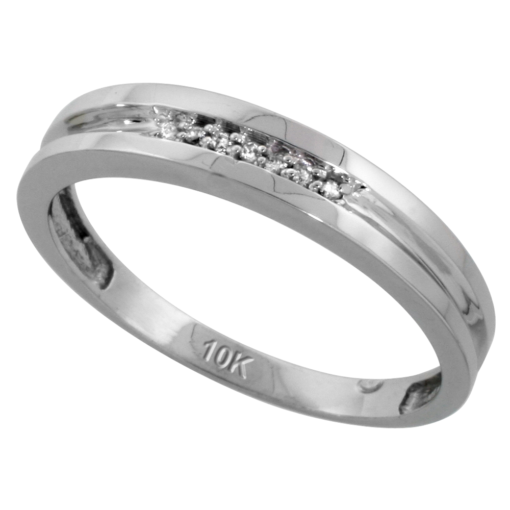 10k White Gold Mens Diamond Wedding Band Ring 0.04 cttw Brilliant Cut, 5/32 inch 4mm wide