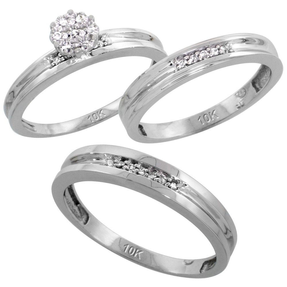 10k White Gold Diamond Trio Engagement Wedding Ring Set for Him and Her 3-piece 4 mm & 3.5 mm wide 0.13 cttw Brilliant Cut, ladies sizes 5 � 10, mens sizes 8 - 14