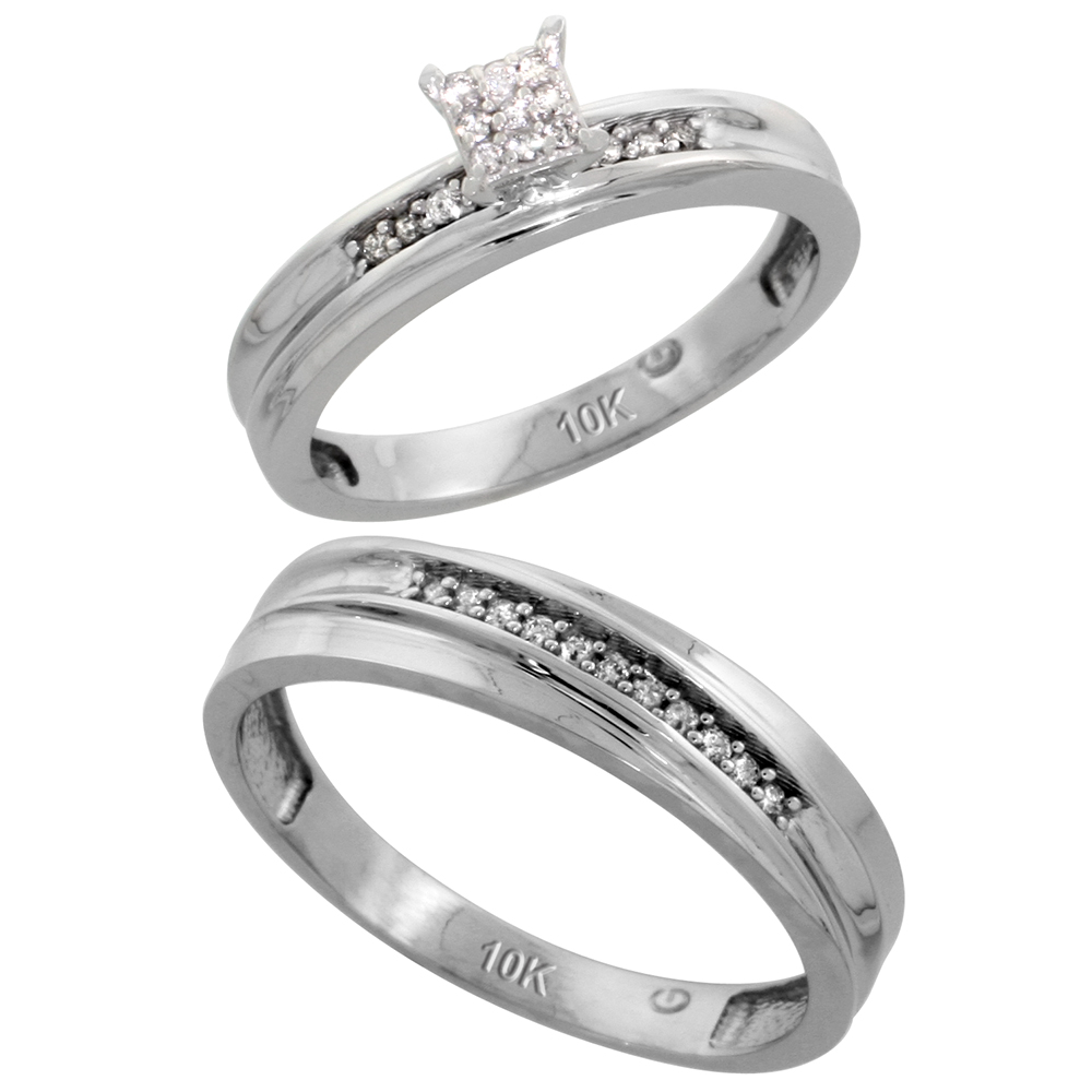 10k White Gold Diamond Engagement Rings Set for Men and Women 2-Piece 0.10 cttw Brilliant Cut, 4 mm & 3.5 mm wide
