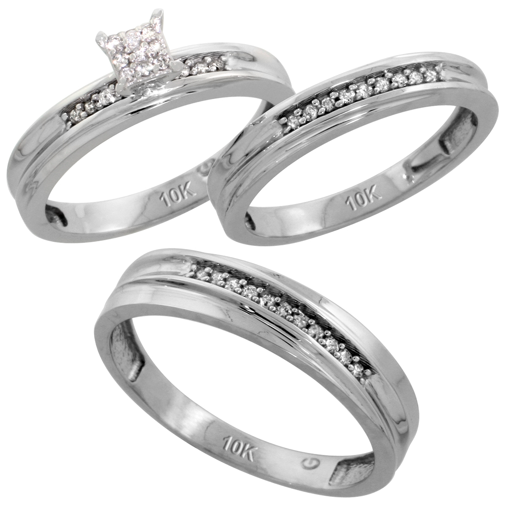 10k White Gold Diamond Trio Engagement Wedding Ring Set for Him and Her 3-piece 5 mm & 3.5 mm wide 0.13 cttw Brilliant Cut, ladies sizes 5 � 10, mens sizes 8 - 14