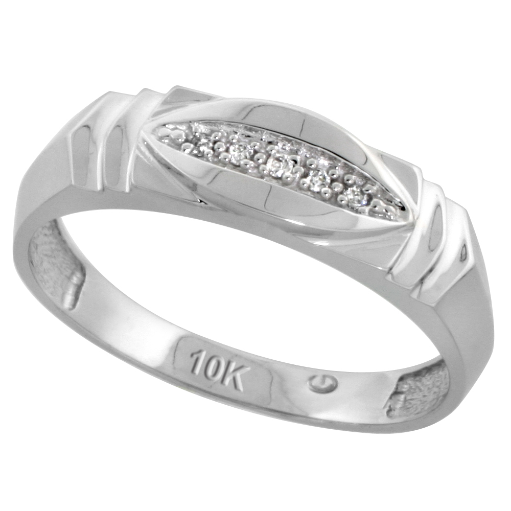 10k White Gold Mens Diamond Wedding Band Ring 0.03 cttw Brilliant Cut, 1/4 inch 6mm wide