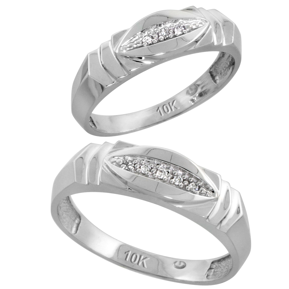 10k White Gold Diamond 2 Piece Wedding Ring Set His 6mm & Hers 5mm, Men's Size 8 to 14