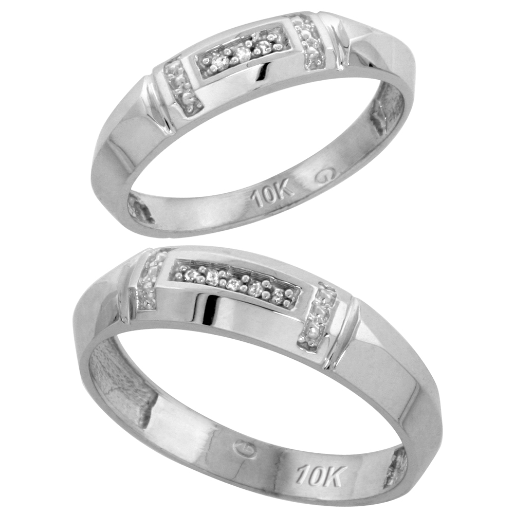 10k White Gold Diamond Wedding Rings Set for him 5.5 mm and her 4 mm 2-Piece 0.05 cttw Brilliant Cut, ladies sizes 5 � 10, mens sizes 8 - 14