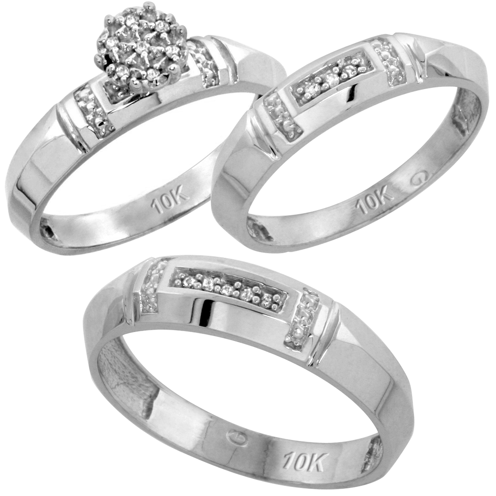 10k White Gold Diamond Trio Engagement Wedding Ring Set for Him and Her 3-piece 4.5 mm & 4 mm wide 0.10 cttw Brilliant Cut, ladies sizes 5 � 10, mens sizes 8 - 14