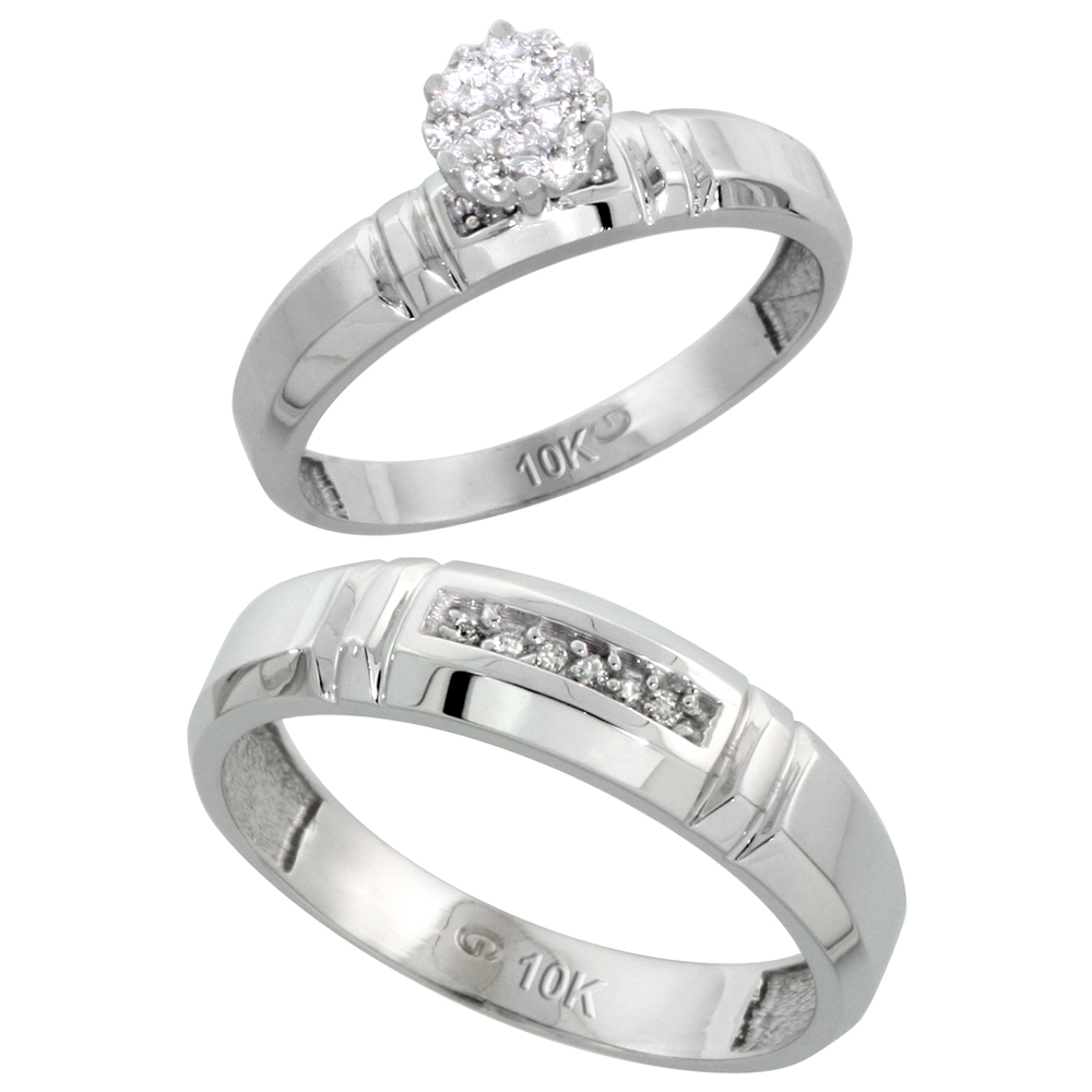 10k White Gold Diamond Engagement Rings Set for Men and Women 2-Piece 0.08 cttw Brilliant Cut, 4mm & 5.5mm wide